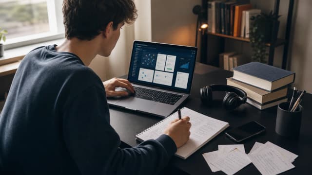 Studente universitario che usa laptop, quaderno e schede per studiare