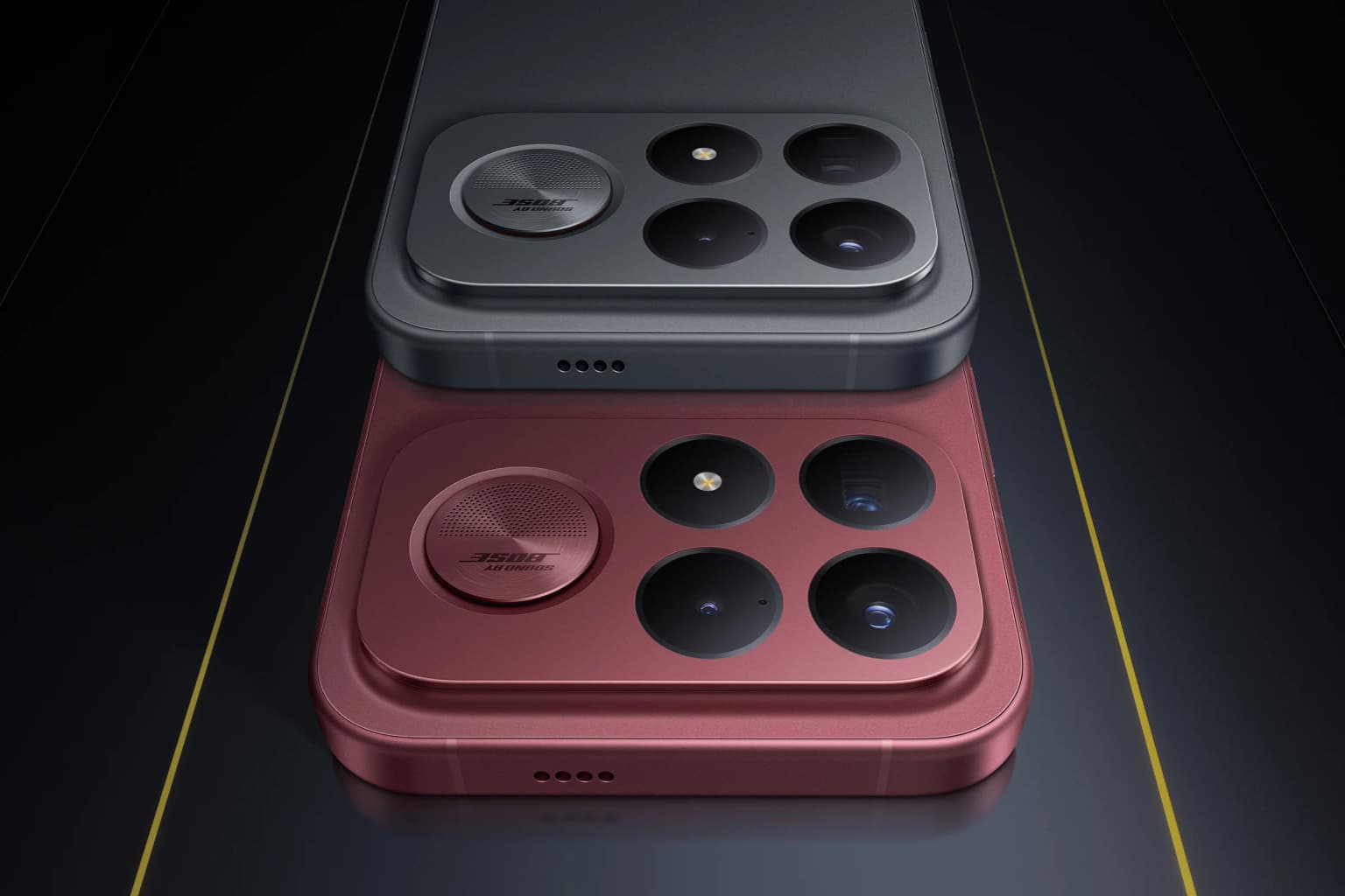 POCO F9 Ultra nelle colorazioni nera e rosso scuro con il grande modulo fotografico posteriore