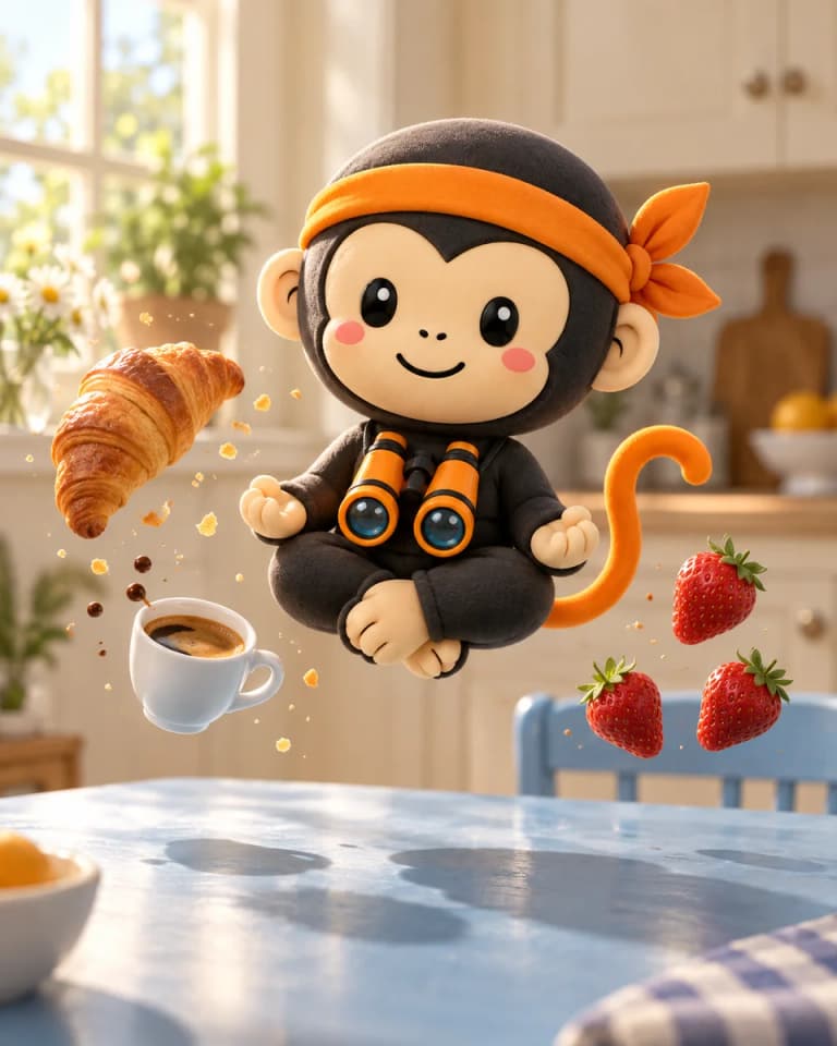 La scimmietta ninja levita insieme a croissant, caffè e fragole sopra un tavolo azzurro
