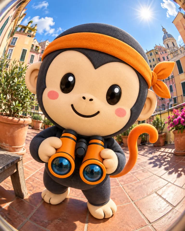 Selfie fisheye della scimmietta ninja con fascia e binocolo arancioni su una terrazza