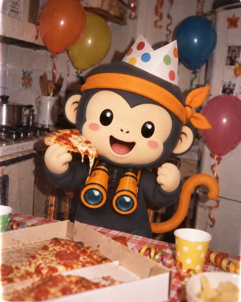 La scimmietta con fascia arancione festeggia con pizza e palloncini in una foto con flash rétro