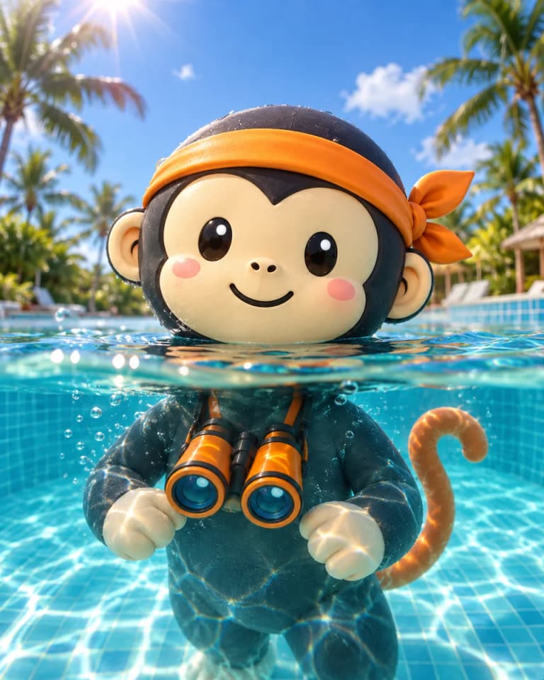 La scimmietta ninja in piscina in uno scatto diviso tra la superficie e il mondo sott’acqua
