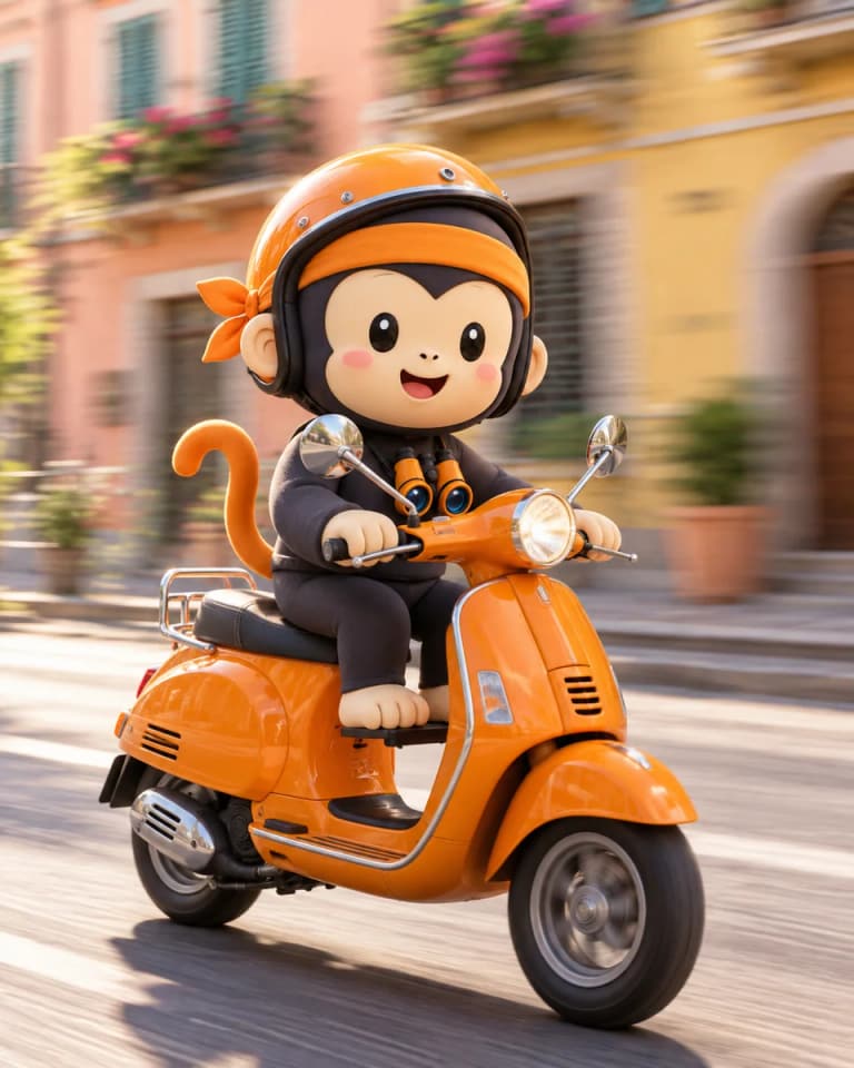 La scimmietta ninja su uno scooter arancione con sfondo urbano mosso dall’effetto panning