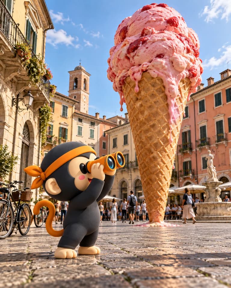 La scimmietta con binocolo arancione osserva un gelato alla fragola gigantesco in una piazza italiana