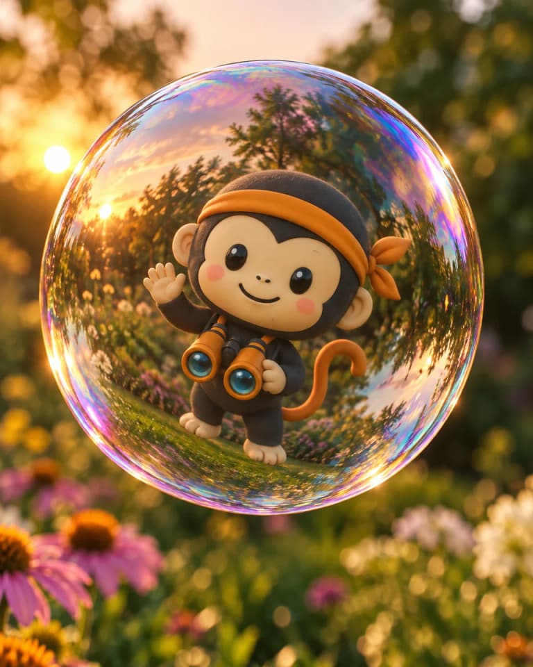 Il volto della scimmietta ninja riflesso in una bolla di sapone iridescente in un giardino