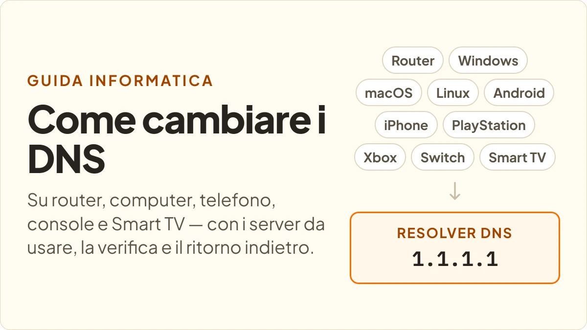Come cambiare i DNS su router, Windows, macOS, Linux, Android, iPhone, PlayStation, Xbox, Switch e Smart TV, con il resolver 1.1.1.1