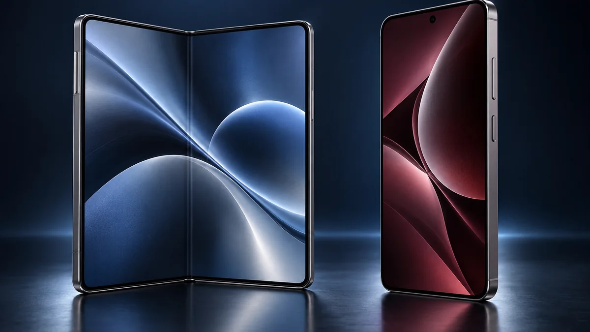 Illustrazione editoriale di uno smartphone pieghevole aperto accanto a uno smartphone professionale tradizionale