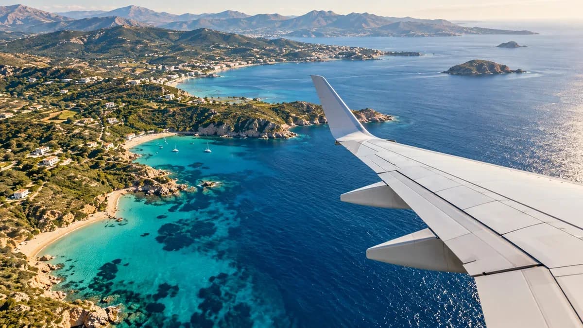 Ala di un aereo sopra una costa mediterranea con spiagge e mare turchese, immagine illustrativa generata con AI