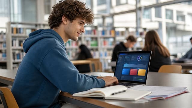 Studente universitario usa un assistente AI su un laptop in biblioteca