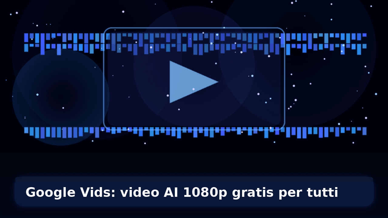 Interfaccia stilizzata di Google Vids con generazione video AI in 1080p tramite Gemini Omni