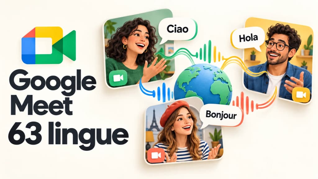 Illustrazione di una videochiamata Google Meet tra persone che si salutano in italiano, spagnolo e francese, con la scritta 63 lingue.