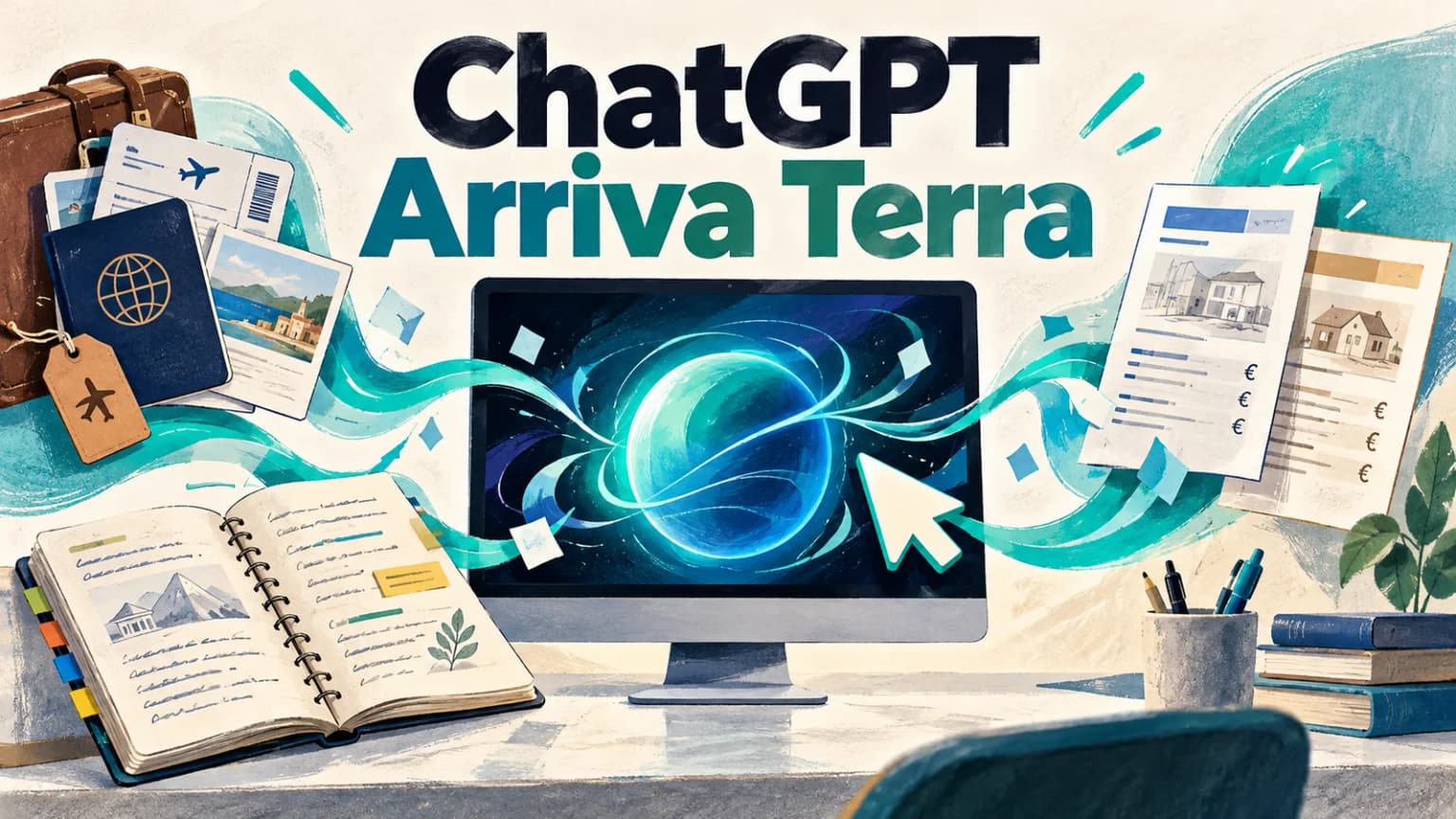 Illustrazione di un computer affiancato da documenti di viaggio, un quaderno e fogli da confrontare, con la scritta ChatGPT e Arriva Terra.