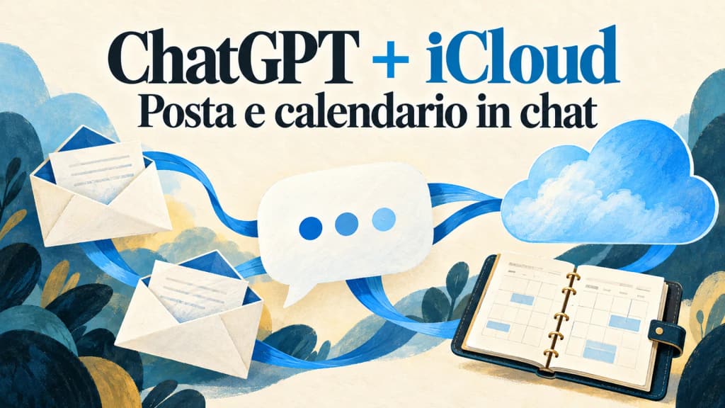 Illustrazione di buste e un’agenda collegati a una nuvola e a una conversazione, con la scritta ChatGPT + iCloud e Posta e calendario in chat.