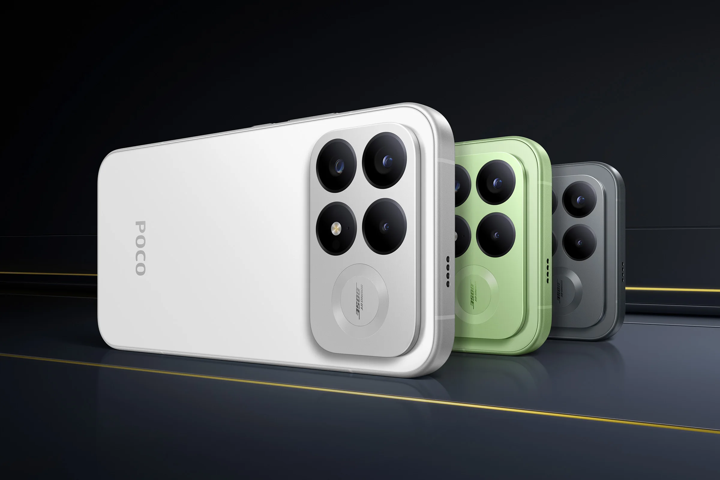 POCO F9 Pro nelle colorazioni bianca, verde e nera