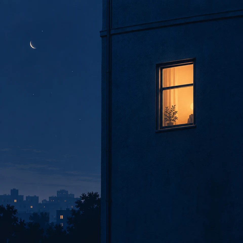 Una finestra calda su una parete blu domina la copertina quadrata; il punto focale resta riconoscibile nella riduzione a 80 × 80 pixel.