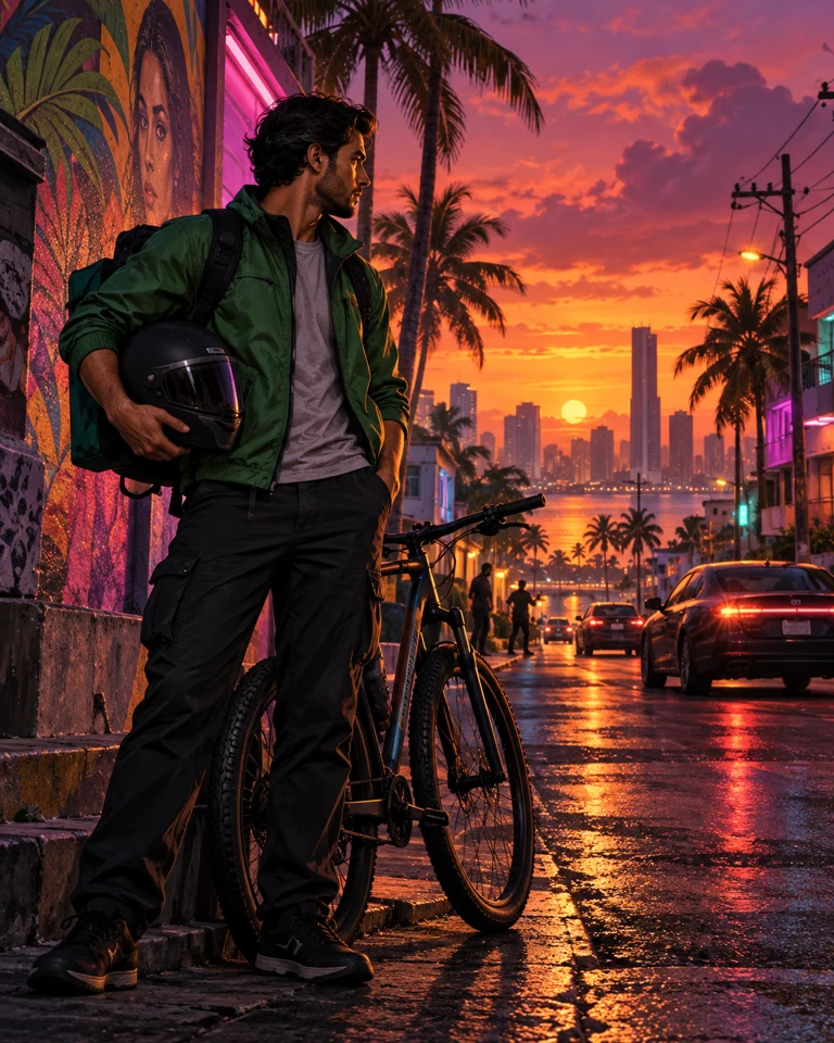 Il risultato mostra un corriere adulto con giacca verde, un casco nero tenuto in mano e una bicicletta, in una città tropicale al tramonto.