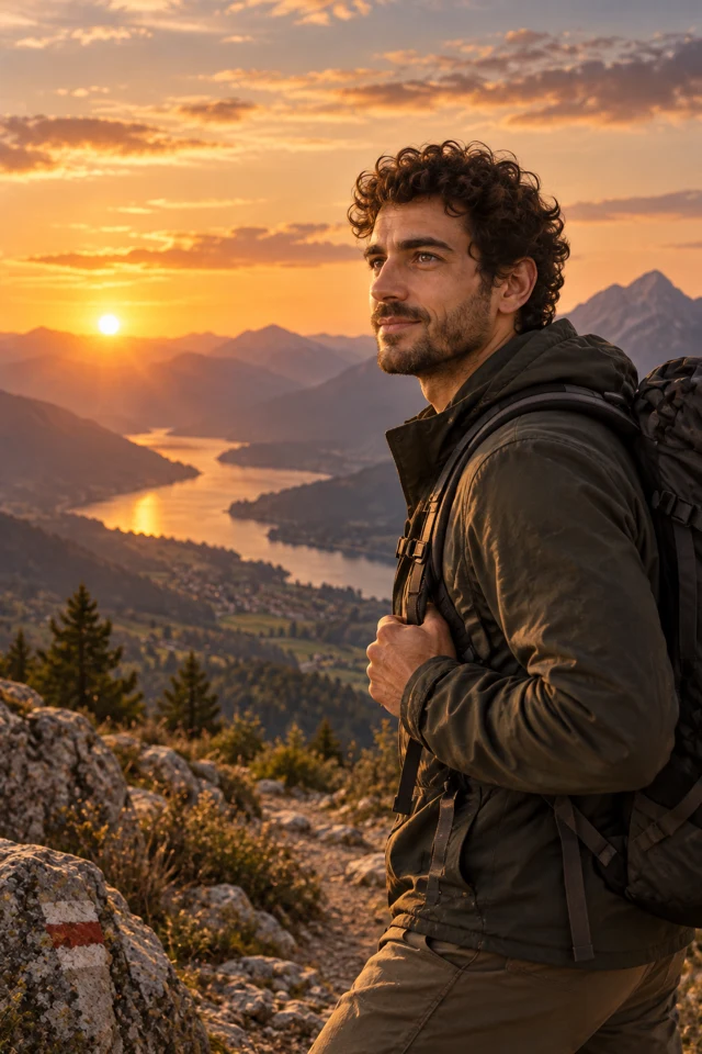 Il volto del riferimento sintetico viene inserito in una scena con sentiero di montagna al tramonto, senza titolo o slogan.