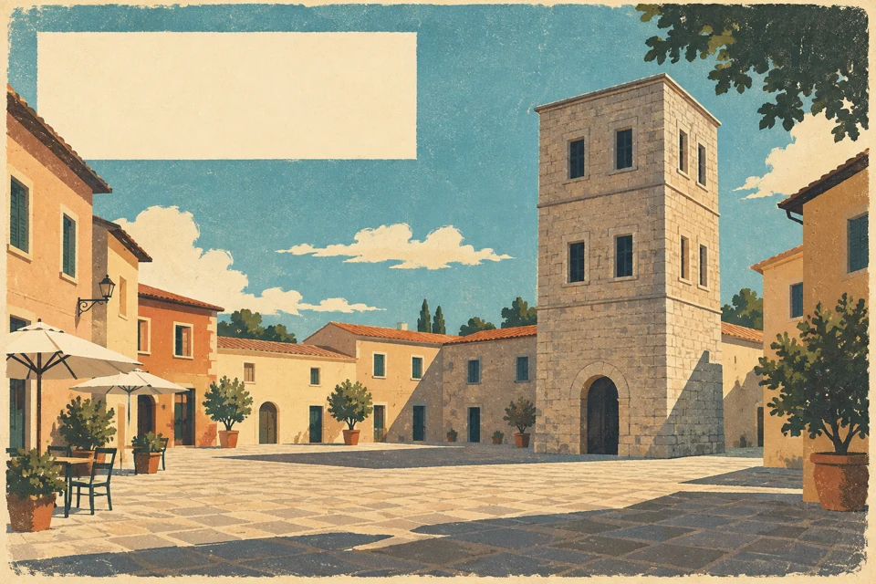 Il poster di Borgo Lume, luogo inventato, mostra una torre in pietra a tre livelli con ingresso ad arco e finestre frontali. La zona del titolo resta vuota.