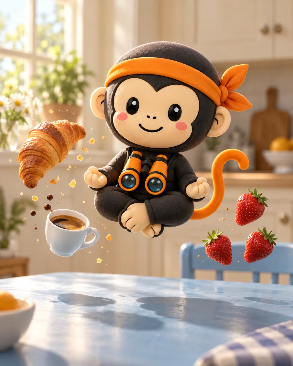 La scimmietta ninja levita insieme a croissant, caffè e fragole sopra un tavolo azzurro