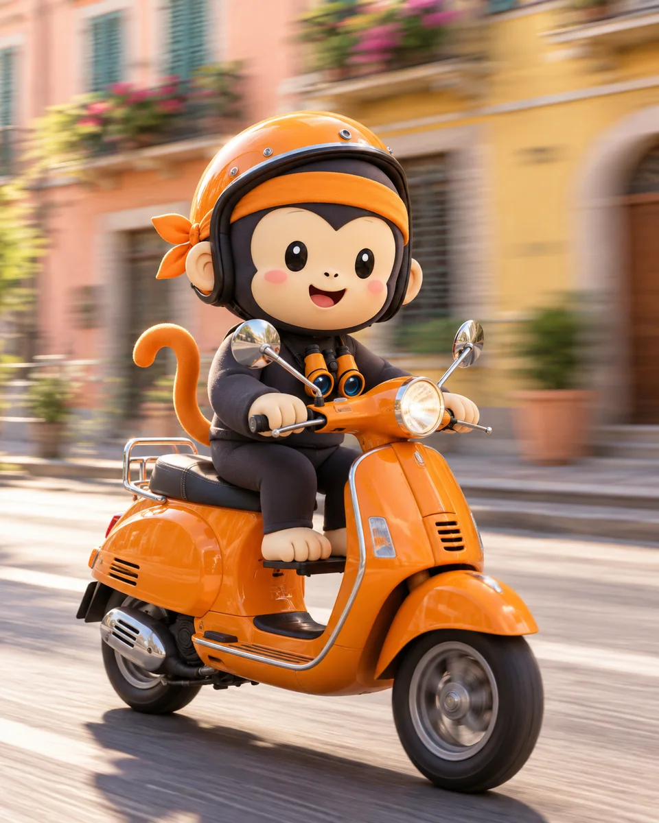 La scimmietta ninja su uno scooter arancione con sfondo urbano mosso dall’effetto panning