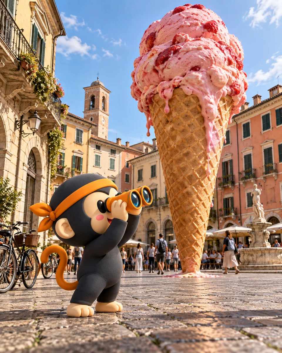 La scimmietta con binocolo arancione osserva un gelato alla fragola gigantesco in una piazza italiana