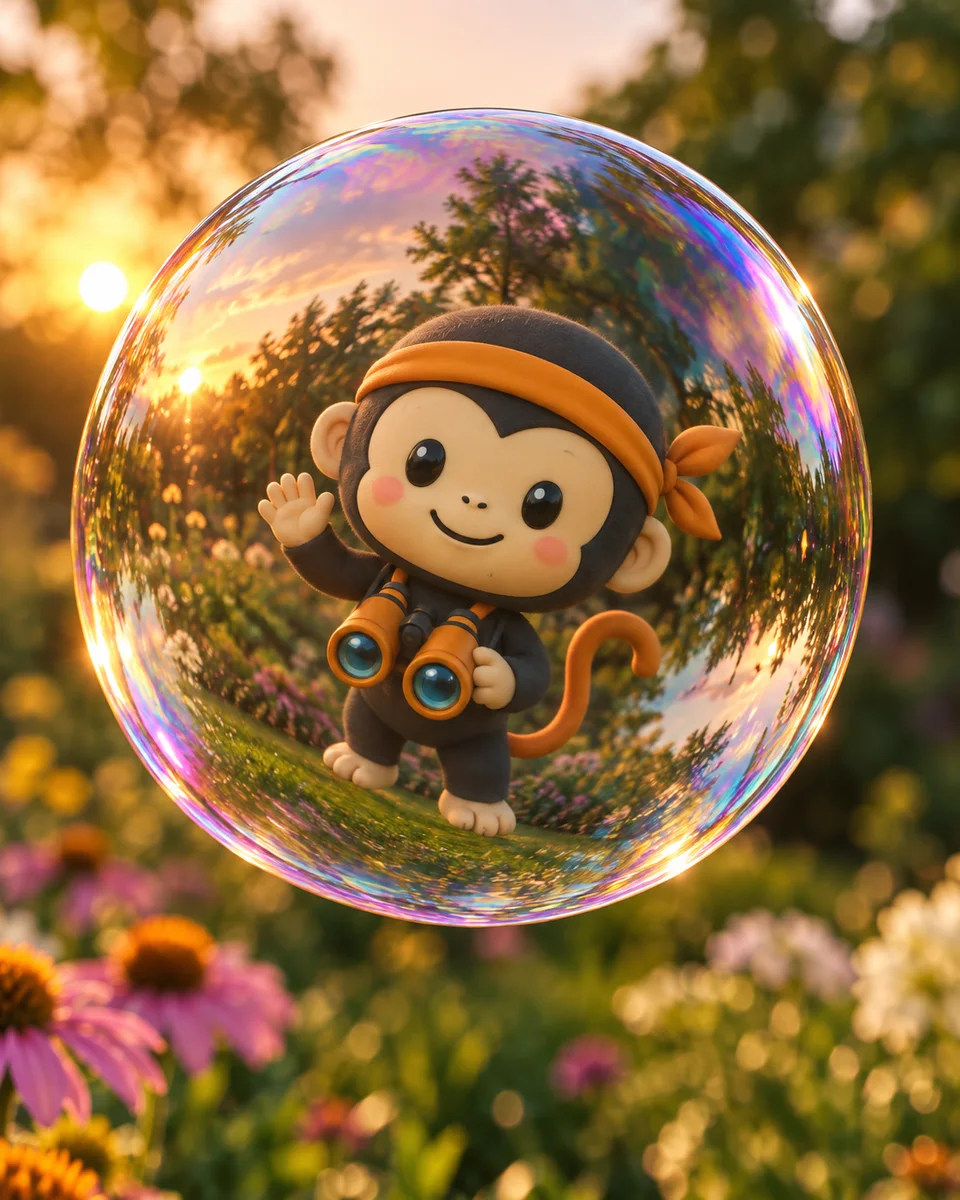Il volto della scimmietta ninja riflesso in una bolla di sapone iridescente in un giardino