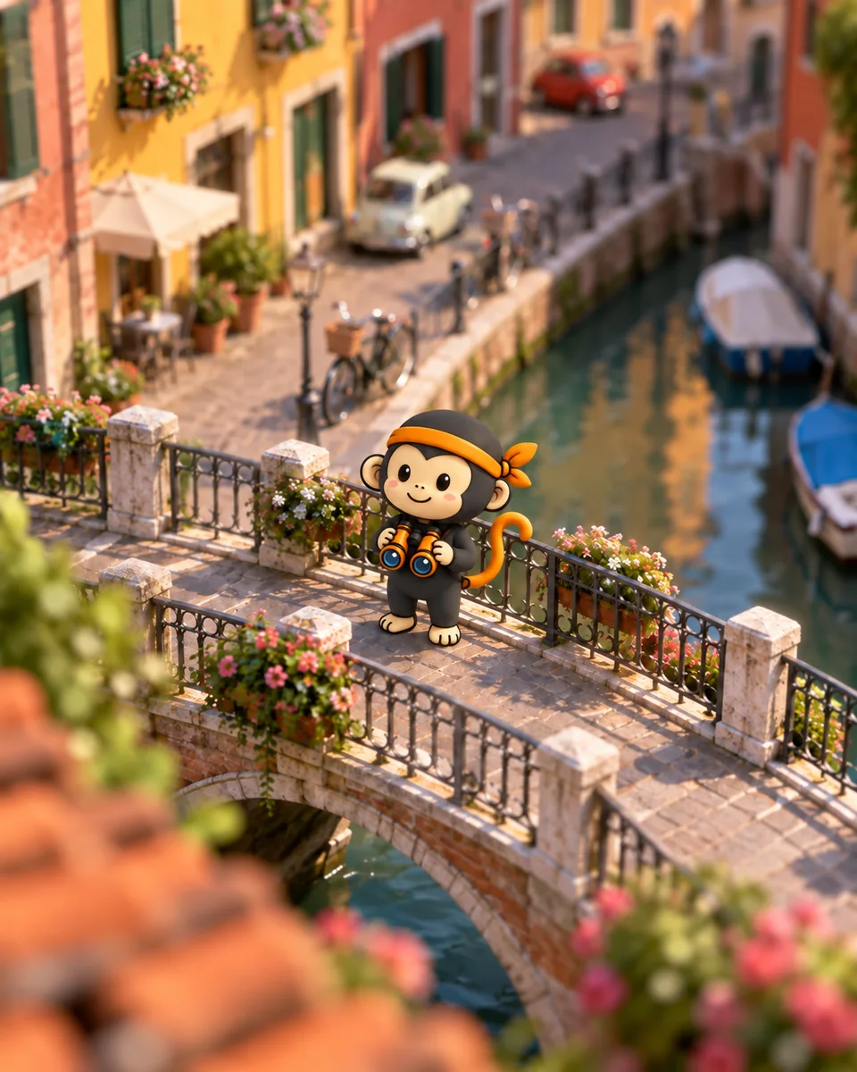 La scimmietta su un ponte in una città con canale resa simile a un modellino dall’effetto tilt-shift